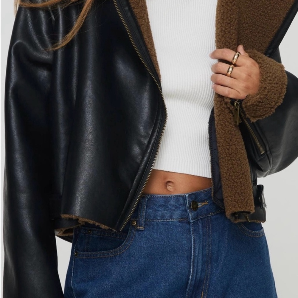 Princess Polly Black Leather Jacket with shearling Lining